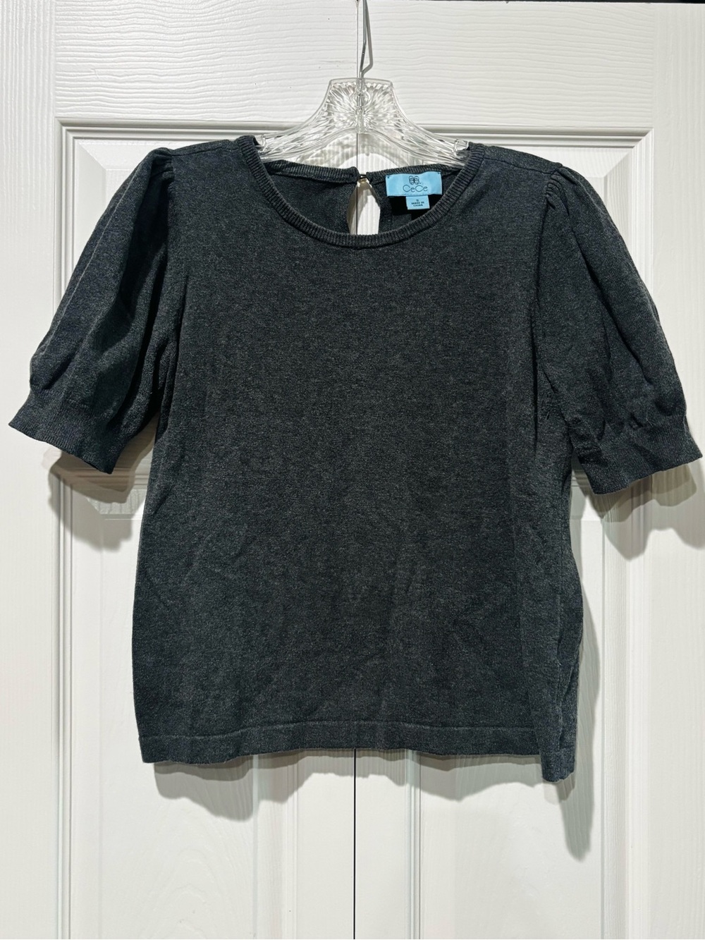 CeCe Charcoal Puff-Sleeve Short-Sleeve Knit Top